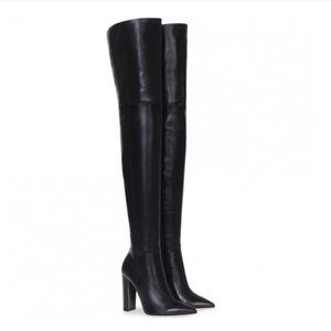 Black Pointed Toe Leather Thigh High Boots